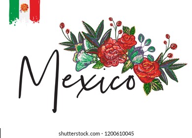 Mexico flowers embroidery. Lettering text, element for decoration traditional mexican holiday. black background.