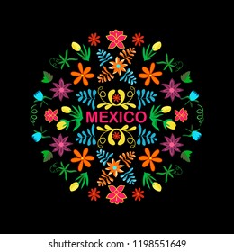Mexico flowers, pattern and elements in circle. Background with national symbols and text. Floral vector illustration