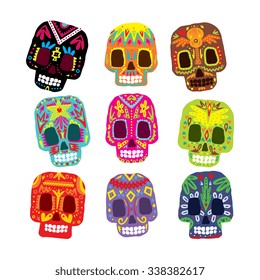 Mexico flowers, skull elements. Vector illustration set