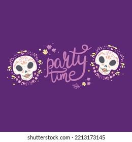 Mexico flowers, skull and food elements on a white background. Vector illustration