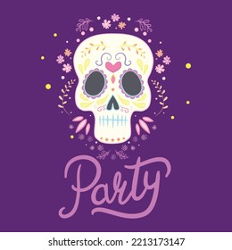 Mexico flowers, skull and food elements on a white background. Vector illustration