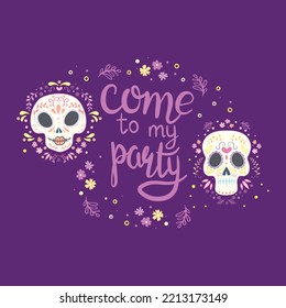 Mexico flowers, skull and food elements on a white background. Vector illustration