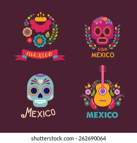 Mexico flowers, skull and food elements. Vector illustration