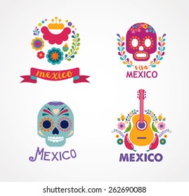 Mexico flowers, skull and food elements. Vector illustration