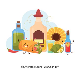 Mexico food cartoon composition with funny taco character and bottles with sauce and oil flat vector illustration