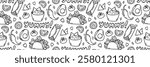Mexico food doodle pattern. Delicious traditional Mexican cuisine. Taco, avocado, guacamole, chili, burrito, nachos. Cinco de mayo celebration background. Vector outline illustration.