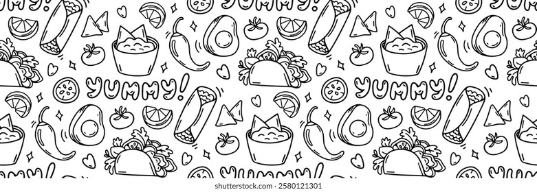 Mexico food doodle pattern. Delicious traditional Mexican cuisine. Taco, avocado, guacamole, chili, burrito, nachos. Cinco de mayo celebration background. Vector outline illustration.