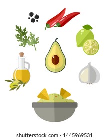 Mexico food guacamole with ingredients. Flat design illustration.