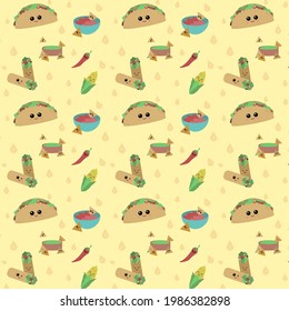 Mexico food pattern. Tasty food, spicy food. Taco, salsa, paper, chilli. Vector illustration. 