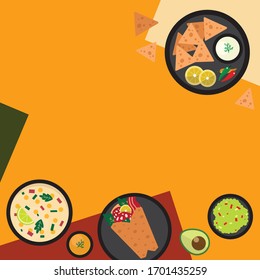 Mexico food set on the table concept. Template for wallpaper, banner, web design, layout, advertising and decorations. Top view flat style vector illustration.