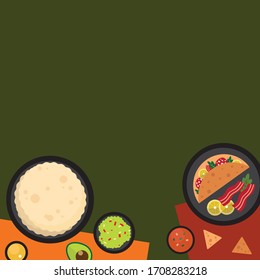 Mexico food set on the table concept. Template for wallpaper, banner, web design, layout, advertising and decorations. Top view flat style vector illustration.