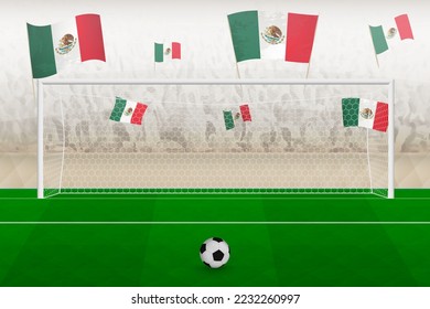 Mexiko-Fußballmannschaftsfans mit Flaggen von Mexiko jubeln auf dem Stadion, Strafkick-Konzept in einem Fußballspiel. Sport, Vektorgrafik.