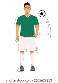 Mexico football team. A man with a smile in a football uniform with a ball. Isolated vector. Red T-shirt and red shorts, sportswear. Male soccer player