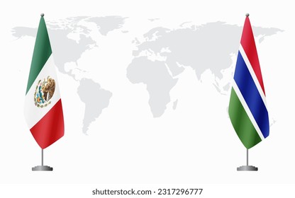 Mexico and Gambia flags for official meeting against background of world map.