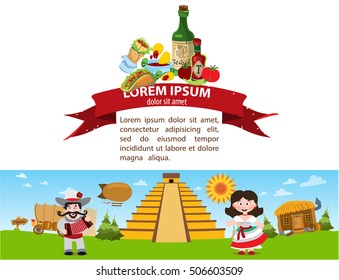 Mexico game background. 19th century illustration in cartoon style.