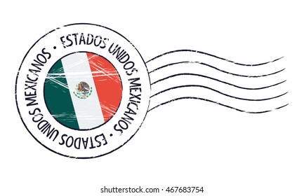 Mexico grunge postal stamp and flag on white background