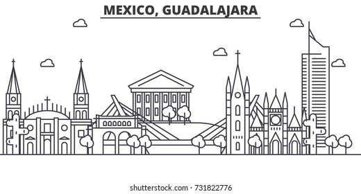 Mexico, Guadalajara architecture line skyline illustration. Linear vector cityscape with famous landmarks, city sights, design icons. Landscape wtih editable strokes