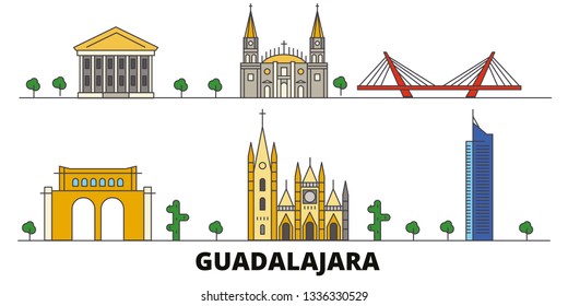 Mexico, Guadalajara flat landmarks vector illustration. Mexico, Guadalajara line city with famous travel sights, skyline, design. 