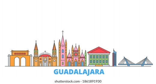 Mexico, Guadalajara line cityscape, flat vector. Travel city landmark, oultine illustration, line world icons