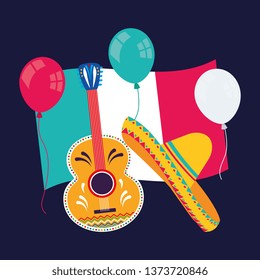 Mexico guitar and hat with flag cartoons card vector digital image illustration