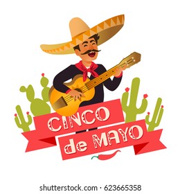 Mexico guitar player at the Cinco De Mayo festival. Mexican and Latin music folk celebration. Vector Illustration. 