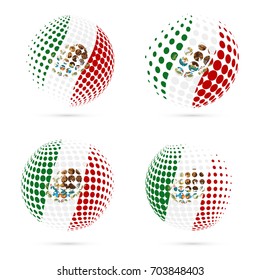 Mexico halftone flag set patriotic vector design. 3D halftone sphere in Mexico national flag colors isolated on white background.