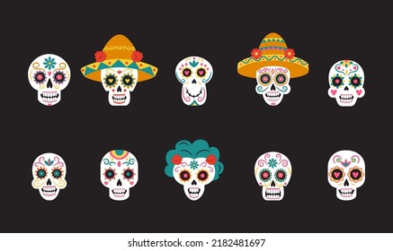 Mexiko halbtags. Dia muertos tote Skelette, unscharfer Schädel mit Blumen, mexikanische Todeskarten, männliche weibliche Köpfe mit traditionellem Sombrero- oder Rosenkranz, ethnischer Vektordesign-Set