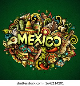 Mexico hand drawn cartoon doodles illustration. Funny travel design. Creative art vector background. Handwritten text with elements and objects. Colorful composition