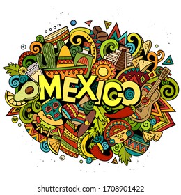 Dibujo manual de doodles de México. Divertido diseño de viajes. Fondo vectorial de arte creativo. Texto escrito a mano con elementos y objetos. Composición colorida