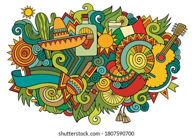 Mexico hand drawn cartoon doodles illustration. Funny travel design. Creative art vector background. Mexican symbols, elements and objects. Colorful composition