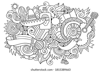 Mexico hand drawn cartoon doodles illustration. Funny travel design. Creative art vector background. Mexican symbols, elements and objects. Sketchy composition