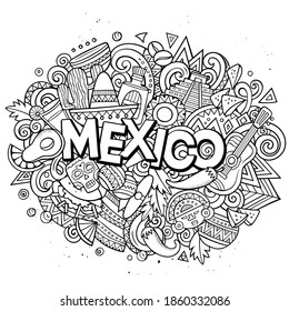 Mexico hand drawn cartoon doodles illustration. Funny travel design. Creative art vector background. Handwritten text with elements and objects. Line art composition