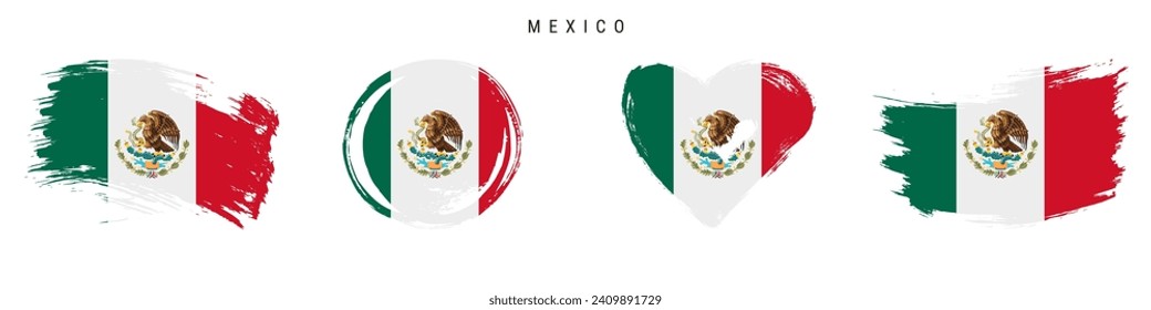 Juego de iconos de la bandera de estilo grunge dibujado a mano en México. Cartel mexicano de colores oficiales. Forma de trazo de brocha libre, círculo y forma de corazón. Ilustración vectorial plana aislada en blanco.