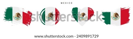 Mexico hand drawn grunge style flag icon set. Mexican banner in official colors. Free brush stroke shape, circle and heart-shaped. Flat vector illustration isolated on white.