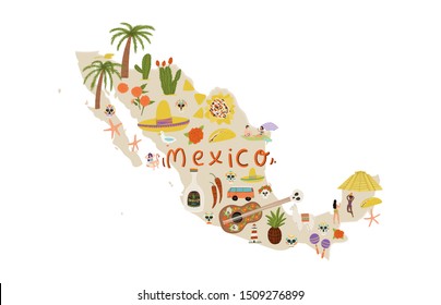 Mexico hand drawn map in cartoon flat style with mexican pyramid, skull, sombrero, cactus, tequila, Stock vector
