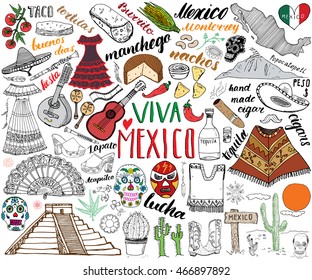 Mexico hand drawn sketch set vector illustration.