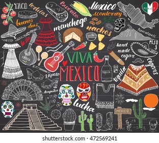 Mexico hand drawn sketch set vector illustration chalkboard.