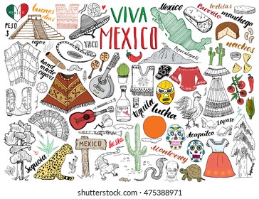 Mexico hand drawn sketch set vector illustration chalkboard.