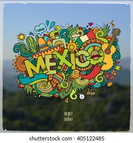 Mexico hand lettering and doodles elements and symbols emblem. Vector blurred background