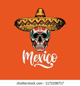 Mexico, hand lettering. Vector calligraphy with illustration of skull in sombrero. Used for greeting card, poster design.