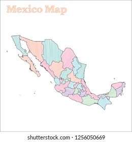 Mexico hand-drawn map. Colourful sketchy country outline. Remarkable Mexico map with provinces. Vector illustration.