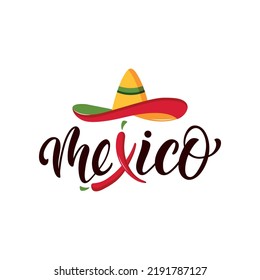 Mexiko handgeschriebener Text, dekoriertes Logo, handgeschriebene Typografie, moderne Pinselkalligrafie. Fiesta Banner und Plakatdesign mit roten Chilischoten und Sombrero. Mexico National Day Banner, Poster