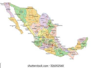 México - Mapa político altamente editable con etiquetas.