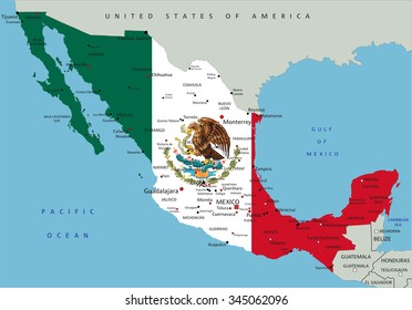 Mexico highly detailed political map with national flag.