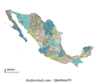 Mexico higt detailed map with subdivisions. Administrative map of Mexico with districts and cities name, colored by states and administrative districts. Vector illustration.