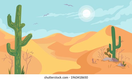 Vista del desierto caliente de México, cartel en diseño de caricaturas planas. Paisaje con cactus, plantas, dunas de arena y piedras, el sol brilla en el cielo. El paisaje panorámico salvaje. Ilustración vectorial del fondo web