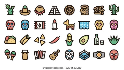 Mexico Icon Set (Bold outline color version)