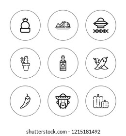 Mexico icon set. collection of 9 outline mexico icons with ancient aliens, cactus, chili, mexican, pepper, tabasco icons. editable icons.