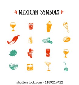 Mexico Icon Set Design Illustration. Food Restaurant Menu, Template Design With Sketch Icons Of Chili Pepper, Sombrero, Tacos, Nacho, Burrito.