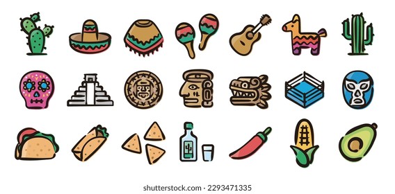 Mexico icon set (Hand draw color version)